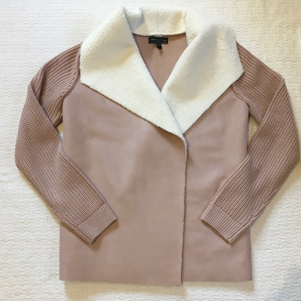 Sienna Sage Sweater Jacket‎ Open Front Suede Cardigan Pink Cream Knit Cozy